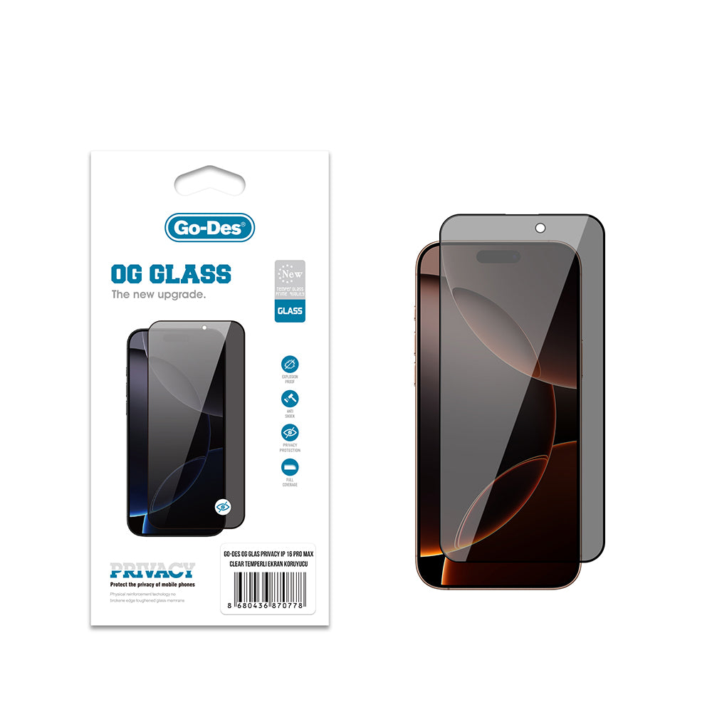 Go Des OG Glass iPhone 16 Pro Max Privacy Antistatik Temperli Cam Ekran Koruyucu Go Des OG Glass iPhone 16 Pro Max Privacy Antistatik Temperli Cam Ekran Koruyucu